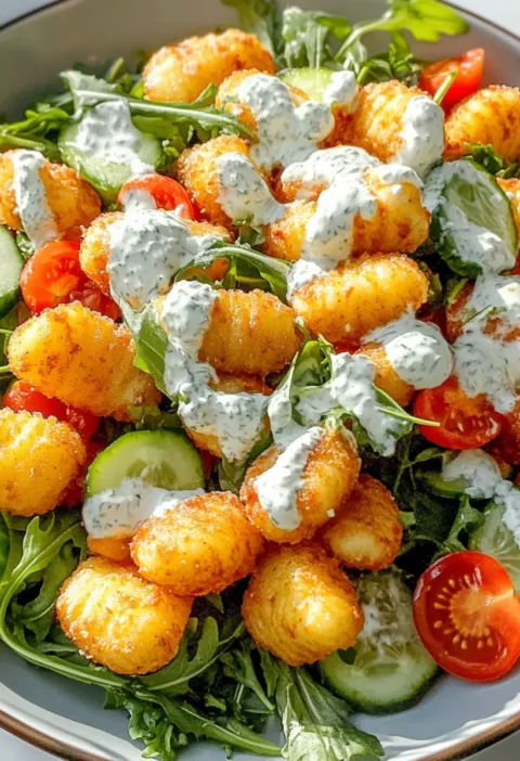 Enjoy crispy gnocchi salad with yogurt dressing